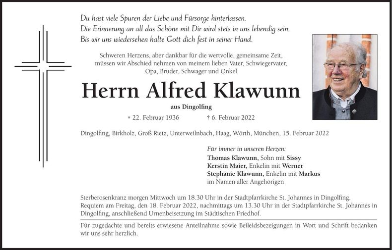 Traueranzeige Alfred Klawunn