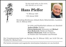 Traueranzeige Hans Pfeffer