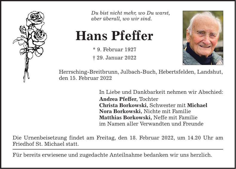 Traueranzeige Hans Pfeffer