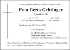 Traueranzeige Gerta Gehringer