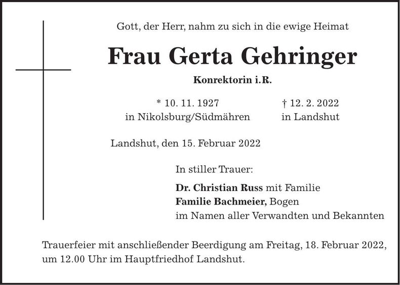 Traueranzeige Gerta Gehringer