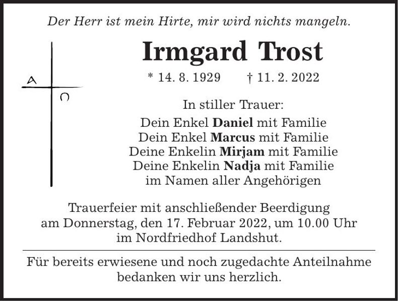 Traueranzeige Irmgard Trost