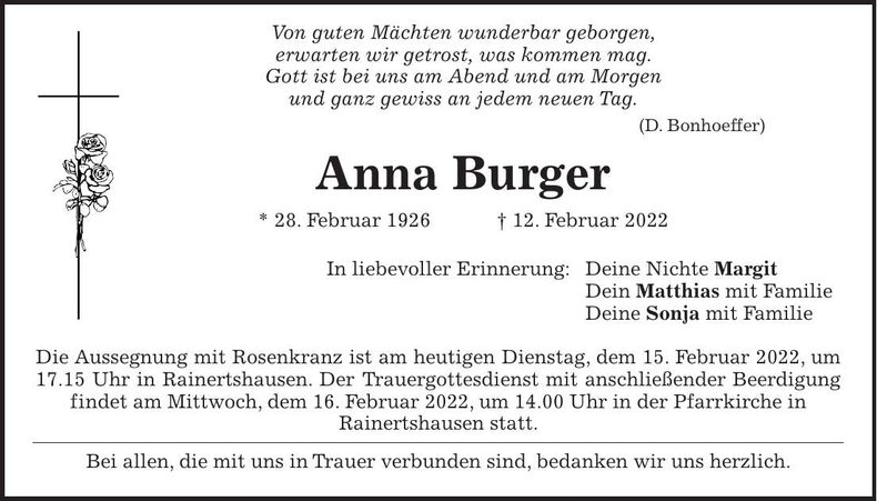 Traueranzeige Anna Burger