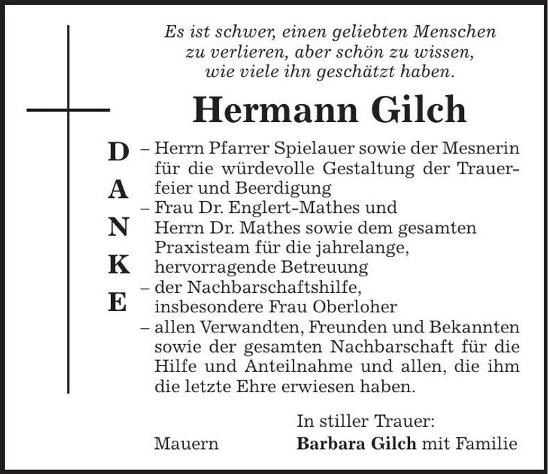 Traueranzeige Hermann Gilch