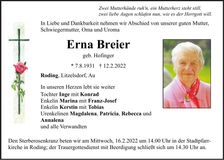 Traueranzeige Erna Breier