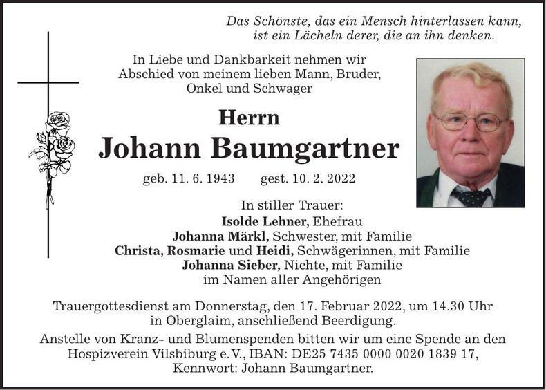 Traueranzeige Johann Baumgartner