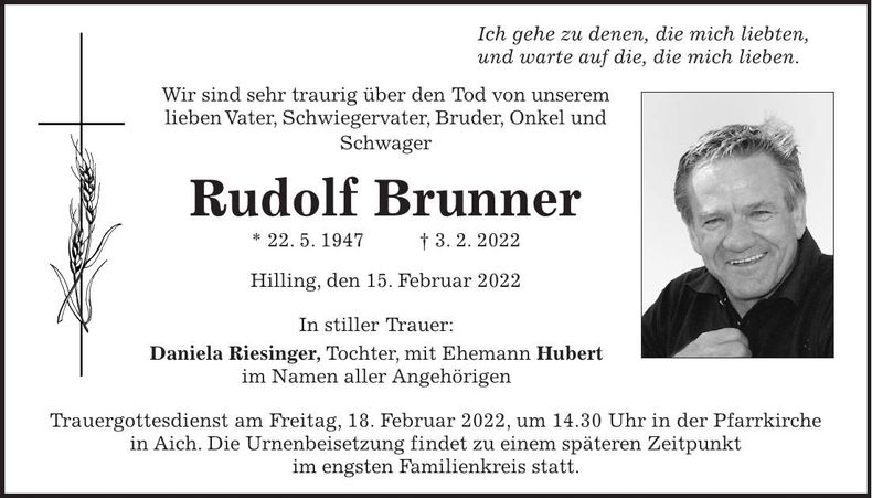 Traueranzeige Rudolf Brunner