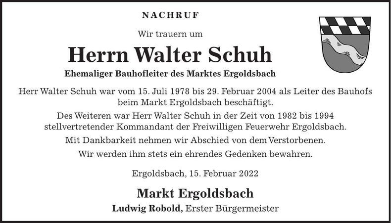 Traueranzeige Walter Schuh