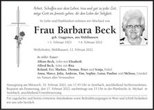 Traueranzeige Barbara Beck