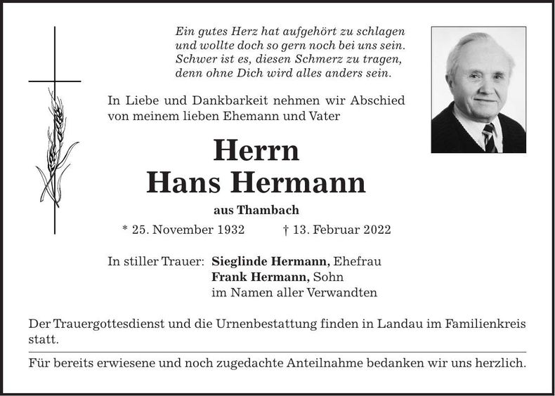 Traueranzeige Hans Hermann