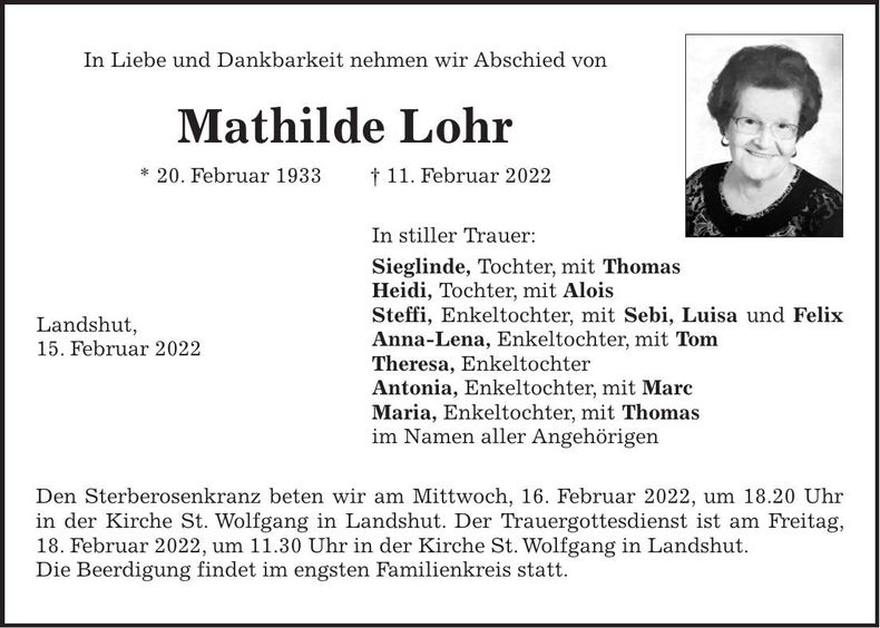 Traueranzeige Mathilde Lohr
