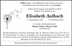 Traueranzeige Elisabeth Aulbach