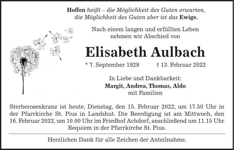 Traueranzeige Elisabeth Aulbach