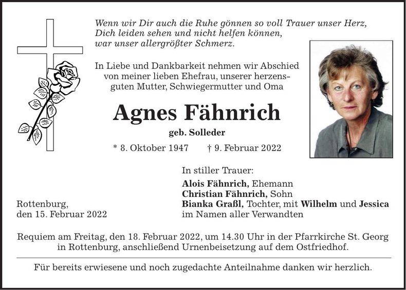 Traueranzeige Agnes Fähnrich