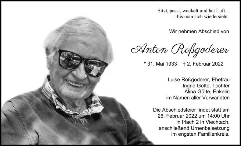 Traueranzeige Anton Roßgoderer
