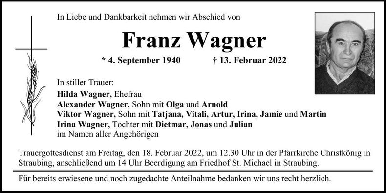Traueranzeige Franz Wagner