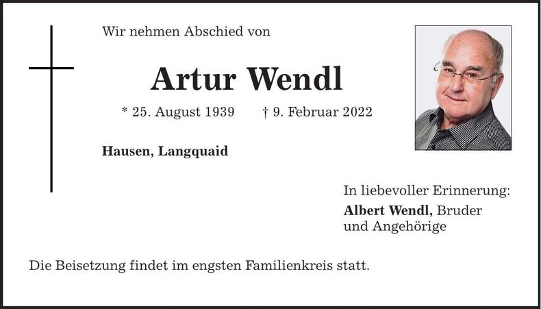 Traueranzeige Artur Wendl