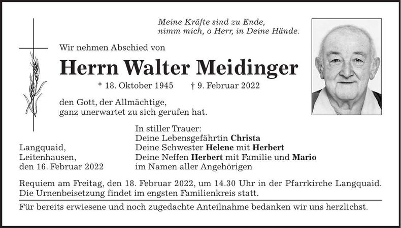 Traueranzeige Walter Meidinger