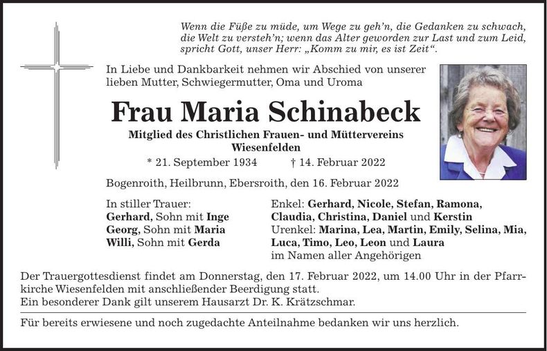 Traueranzeige Maria Schinabeck