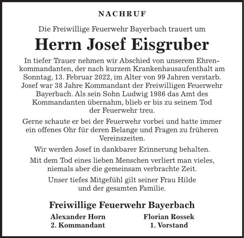 Traueranzeige Josef Eisgruber