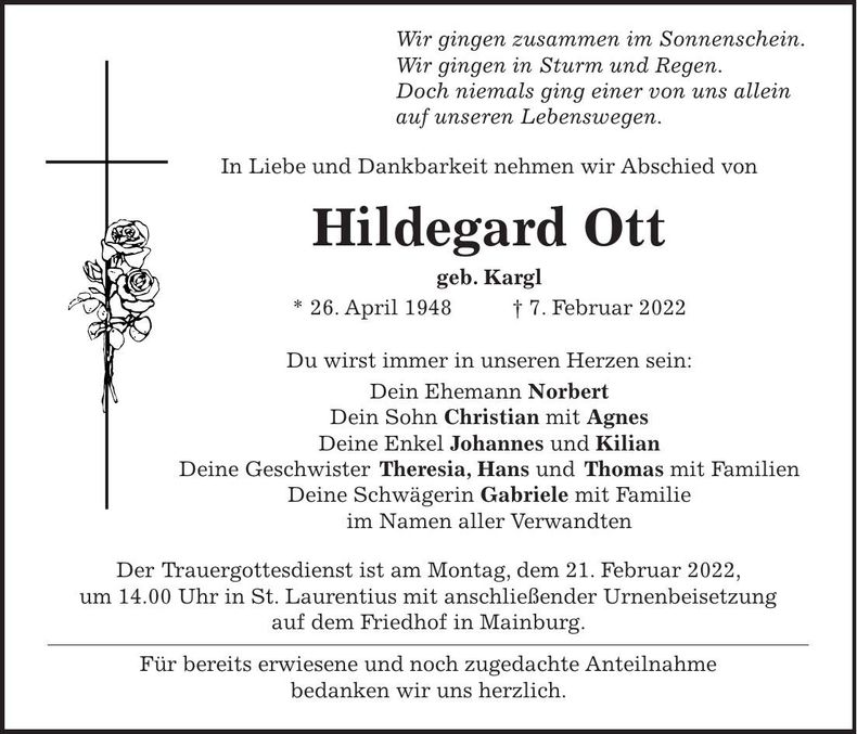 Traueranzeige Hildegard Ott