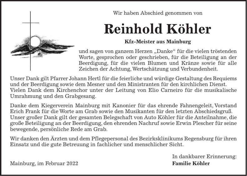 Traueranzeige Reinhold Köhler