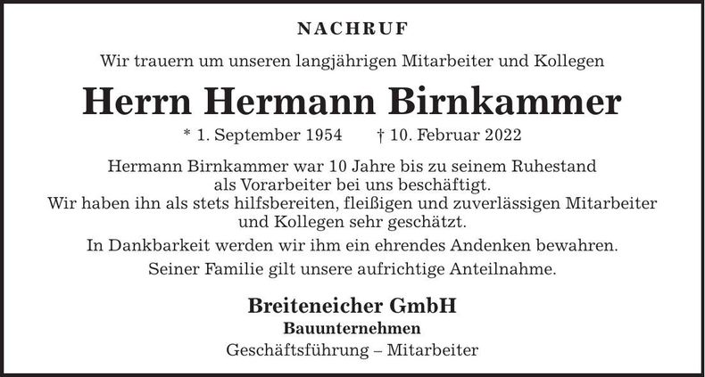 Traueranzeige Hermann Birnkammer