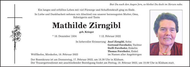 Traueranzeige Mathilde Zirngibl