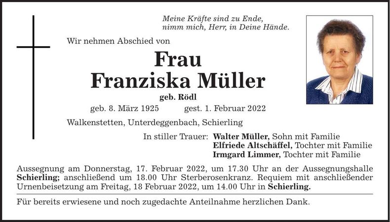 Traueranzeige Franziska Müller