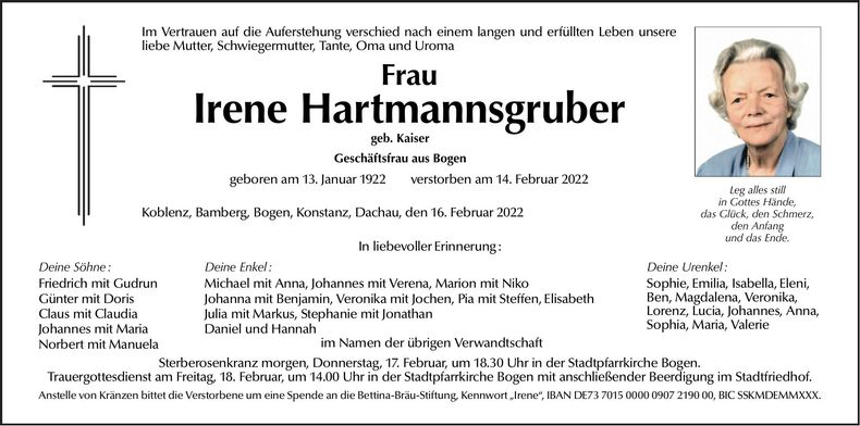 Traueranzeige Irene Hartmannsgruber