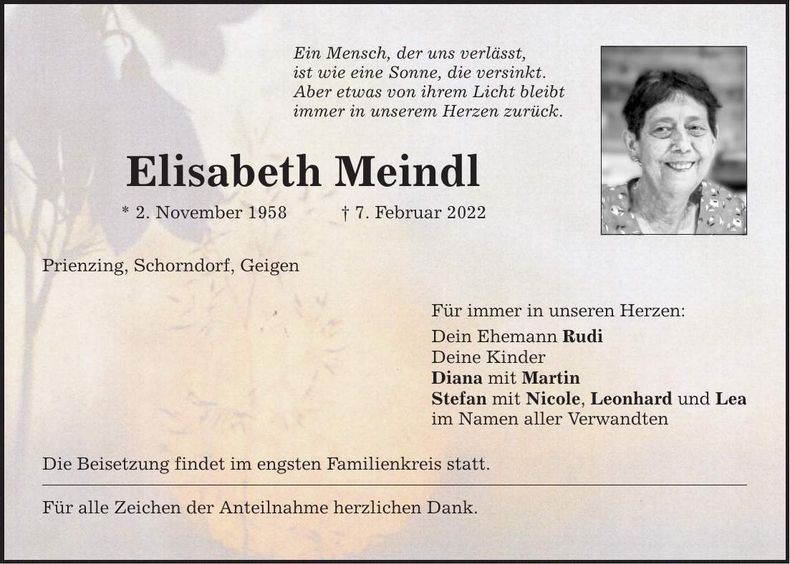 Traueranzeige Elisabeth Meindl