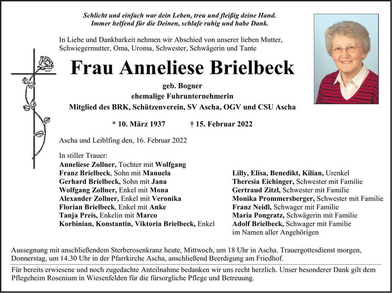Traueranzeige Anneliese Brielbeck