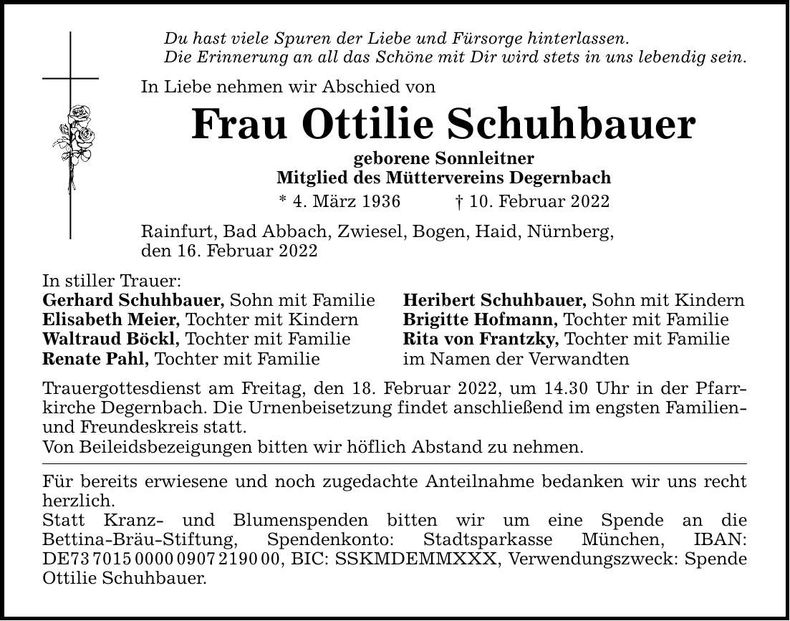 Traueranzeige Ottlilie Schuhbauer