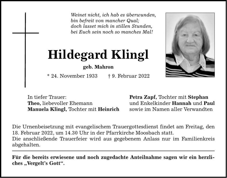 Traueranzeige Hildegard Klingl