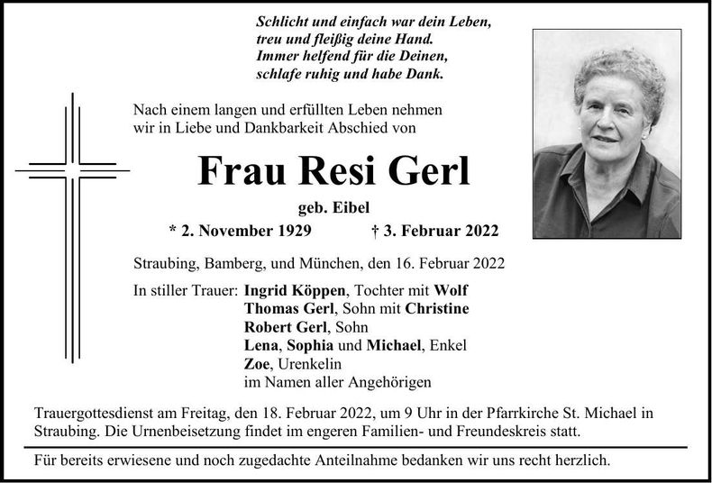 Traueranzeige Resi Gerl