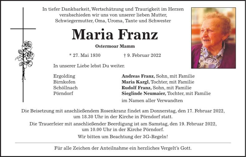 Traueranzeige Maria Franz