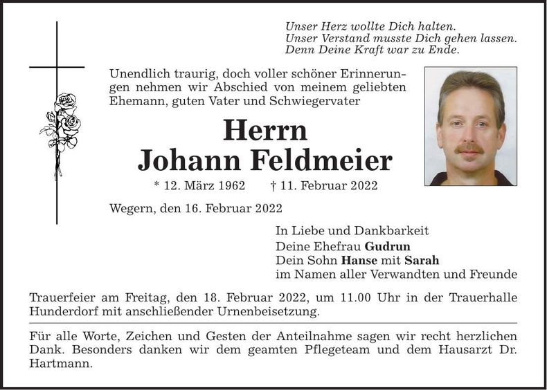 Traueranzeige Johann Feldmeier