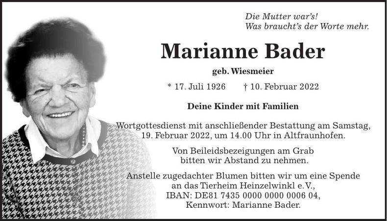 Traueranzeige Marianne Bader