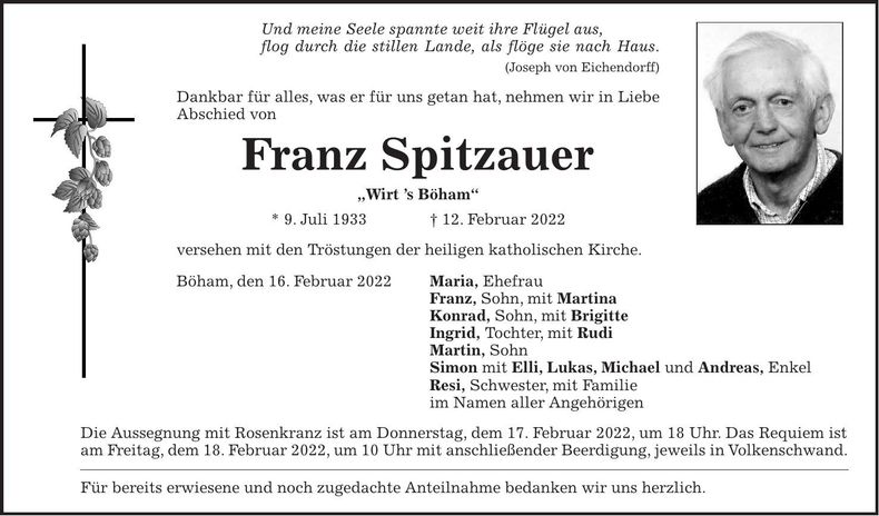 Traueranzeige Franz Spitzauer