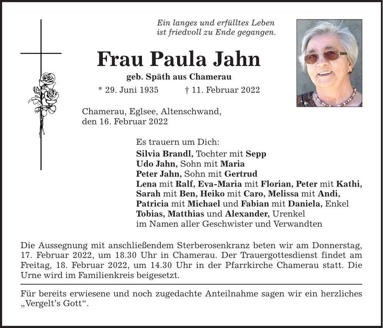 Traueranzeige Paula Jahn