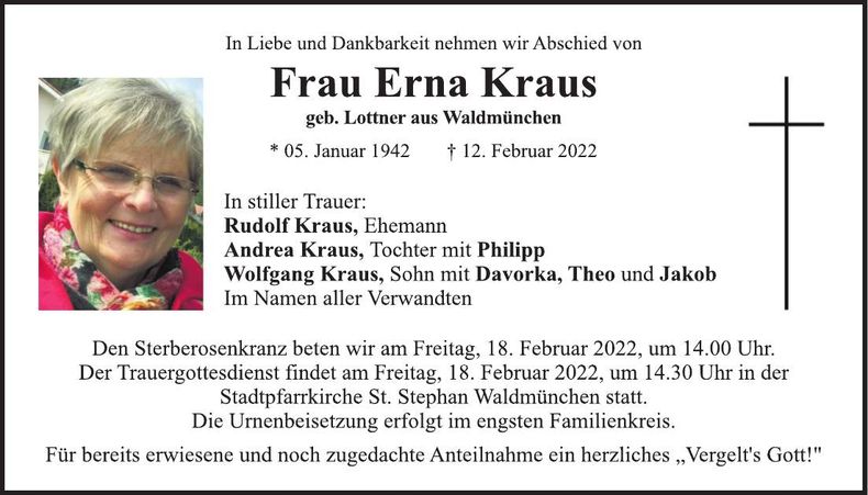 Traueranzeige Erna Kraus