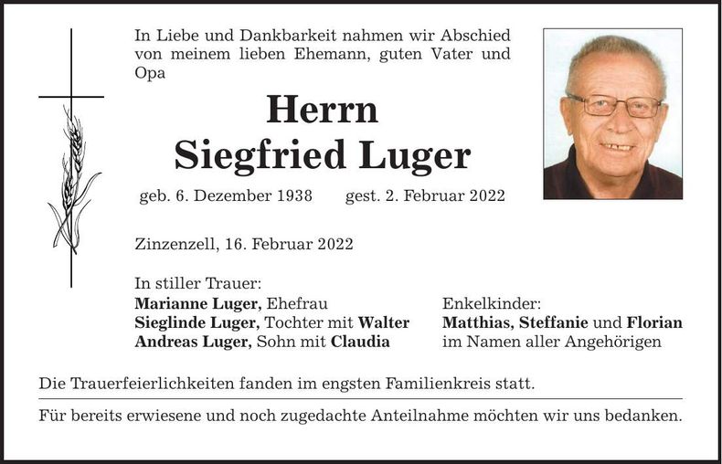 Traueranzeige Siegfried Luger