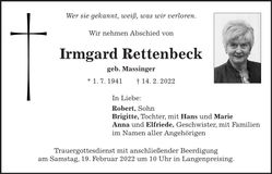 Traueranzeige Irmgard Rettenbeck