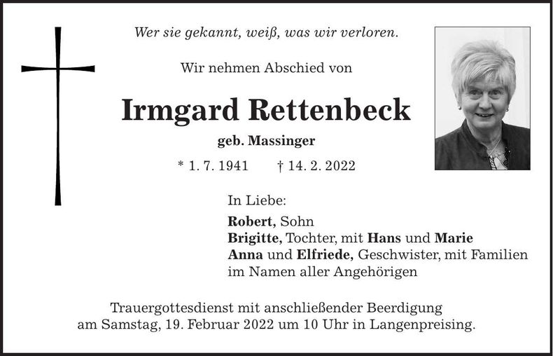 Traueranzeige Irmgard Rettenbeck