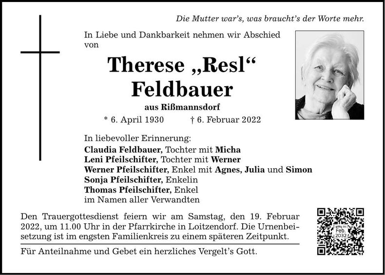 Traueranzeige Theres Feldbauer