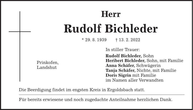 Traueranzeige Rudolf Bichleder