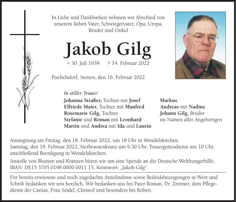 Traueranzeige Jakob Gilg