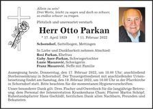 Traueranzeige Otto Parkan