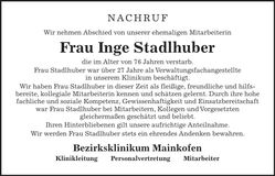 Traueranzeige Inge Stadlhuber