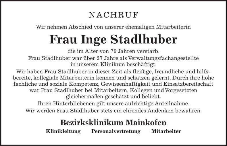 Traueranzeige Inge Stadlhuber